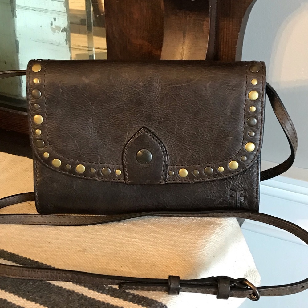 Frye Melissa Leather Studded Wallet Crossbody Clutch Slate Brown Retail $228.